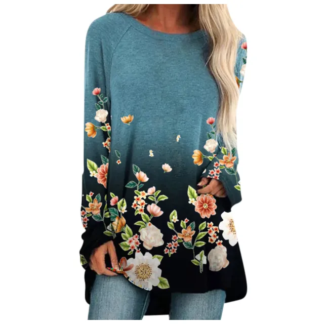 Flower Print Loose Round Neck Long Sleeve T shirt Blue - Shop at LoveMi
