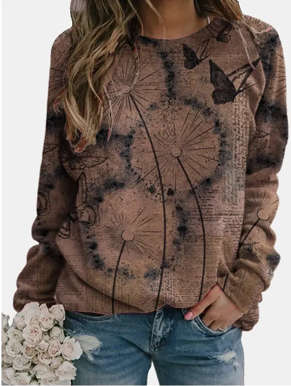Dandelion Print Long Sleeve O Neck Ladies T shirt 5Photo Color - Shop at LoveMi