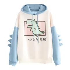 Dinosaur Print Hooded Drawstring Loose Plus Velvet Sweater Women - Blue - View 1