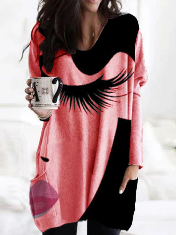 V-neck Print Irregular Hem Long Sleeve Top