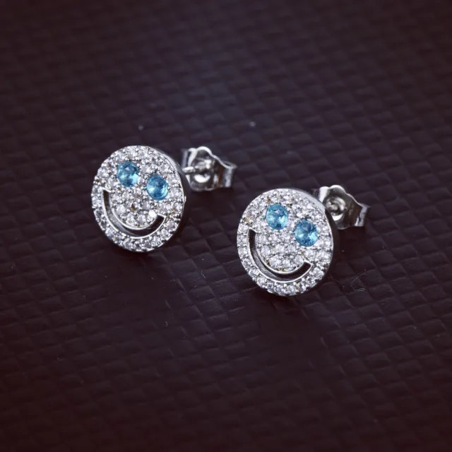 18K Real Gold Plating 925 Silver Pin Smiley Face Earrings Silver Blue - Shop at LoveMi