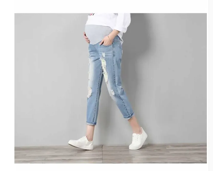 Fashion maternity pants summer tide hole jeans seven points loose thin tight stretch - Blue