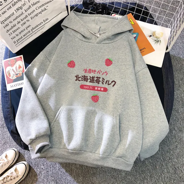 Candy Color Weatshirt Print Strawberry Figure Hooded Sweater Grey - Shop at LoveMi