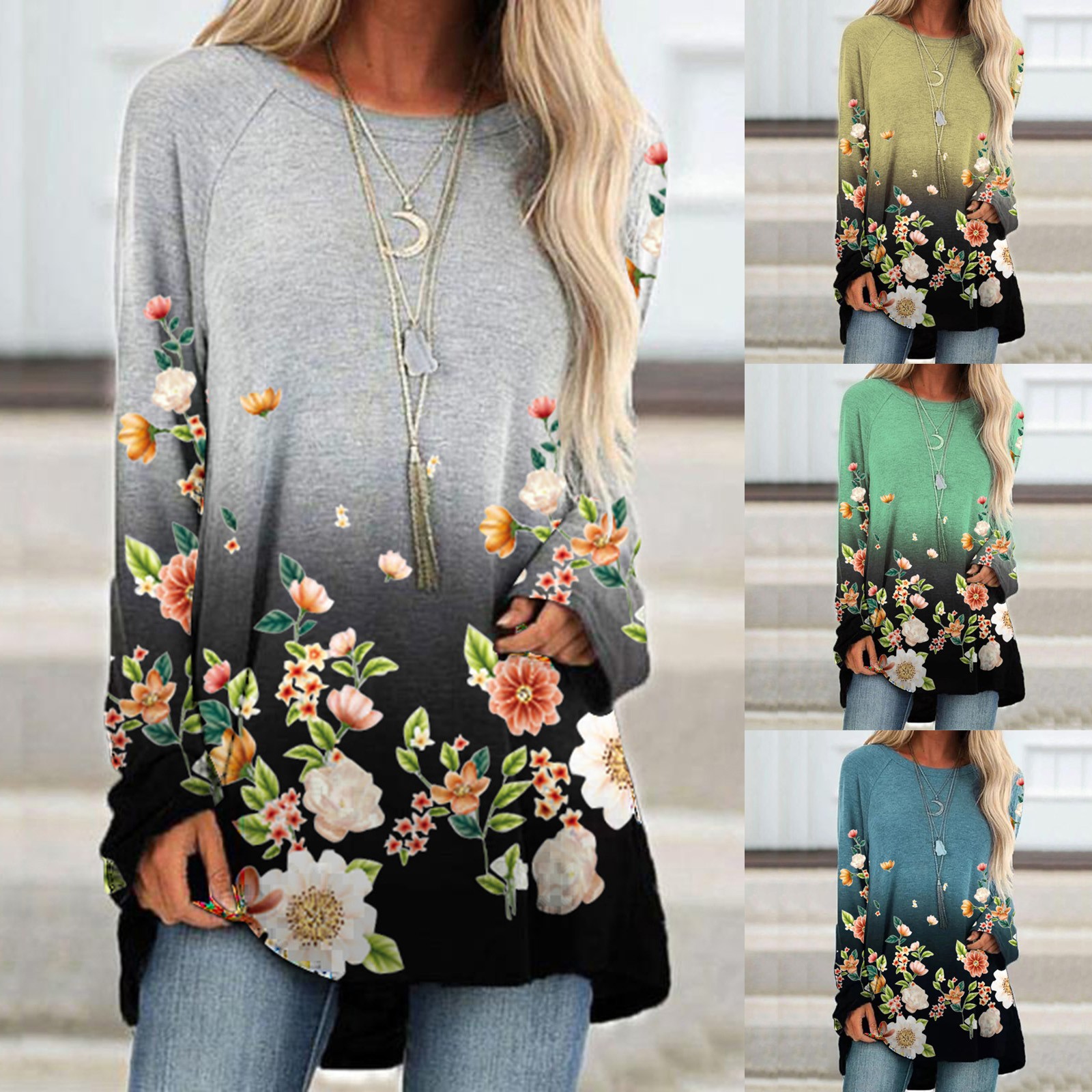 Flower Print Loose Round Neck Long Sleeve T-shirt
