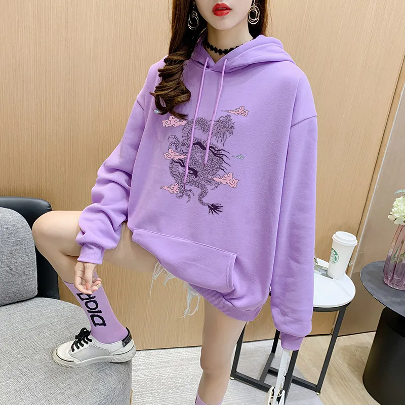 Cartoon Hooded Sweater Women Plus Velvet Dragon Print - Purple