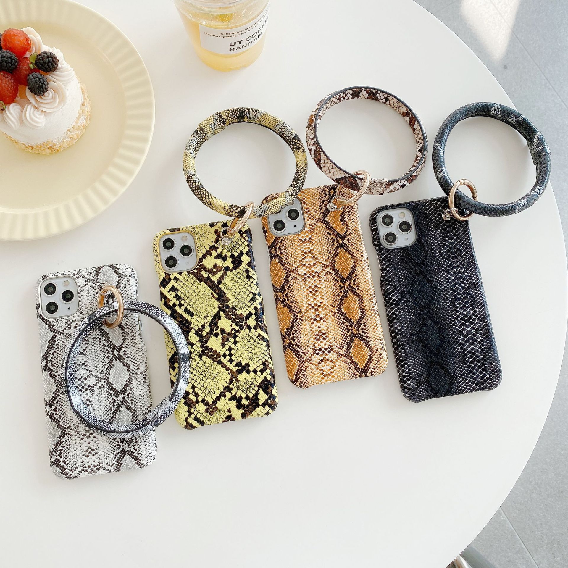 Compatible with Apple, Luxury Snake skin leather bracelet tassels phone case for iphone 12pro 11 11Pro XR X XS Max SE 7 8 Plus bracelet ring case