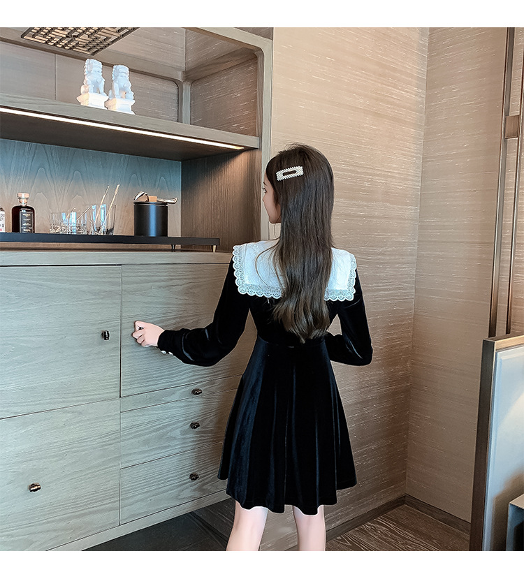 Vintage High Waist Embroidery Long Sleeve Hepburn Style Little Black Dress