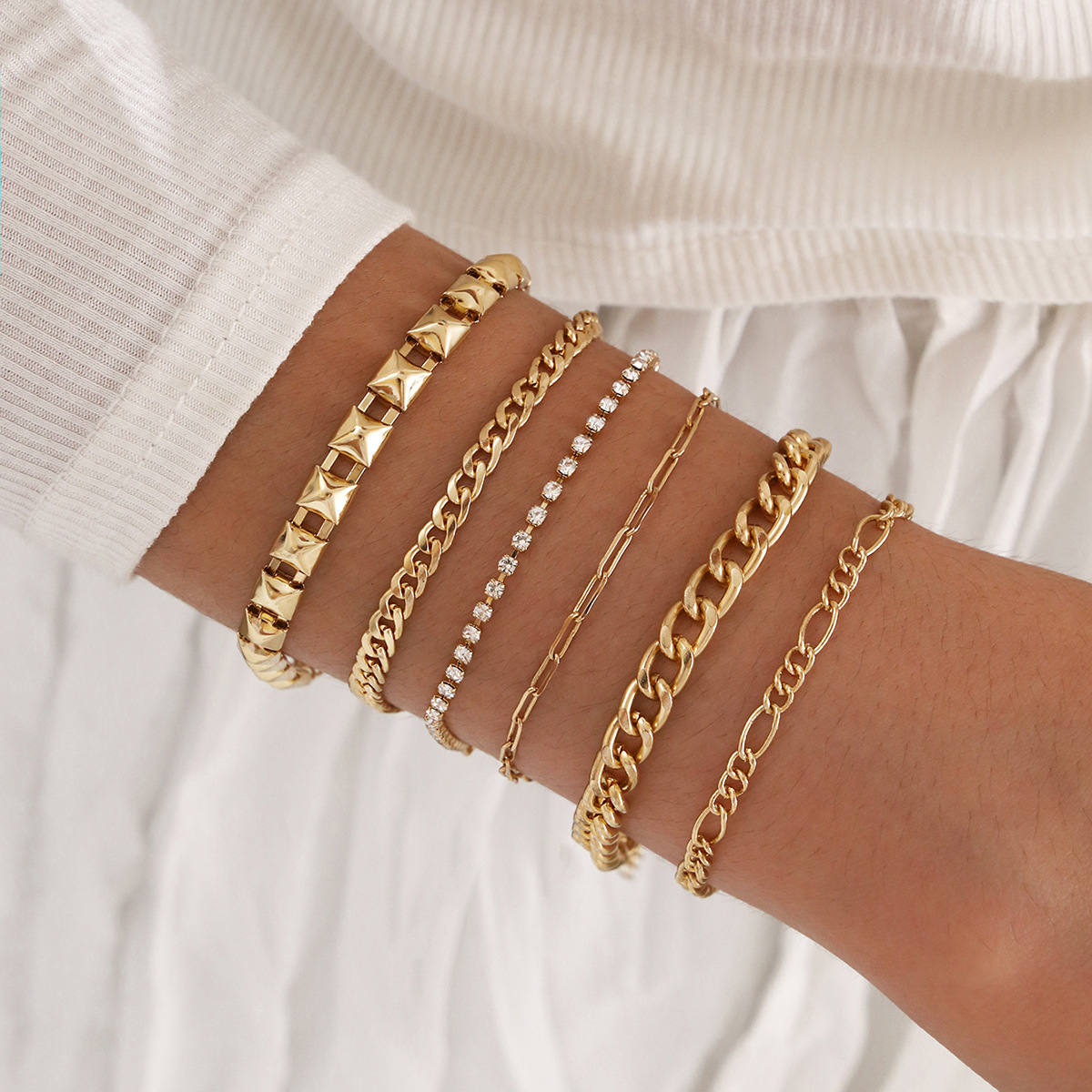 Golden Thick and Thin Chain Artificial Crystal Bracelet Set of 6