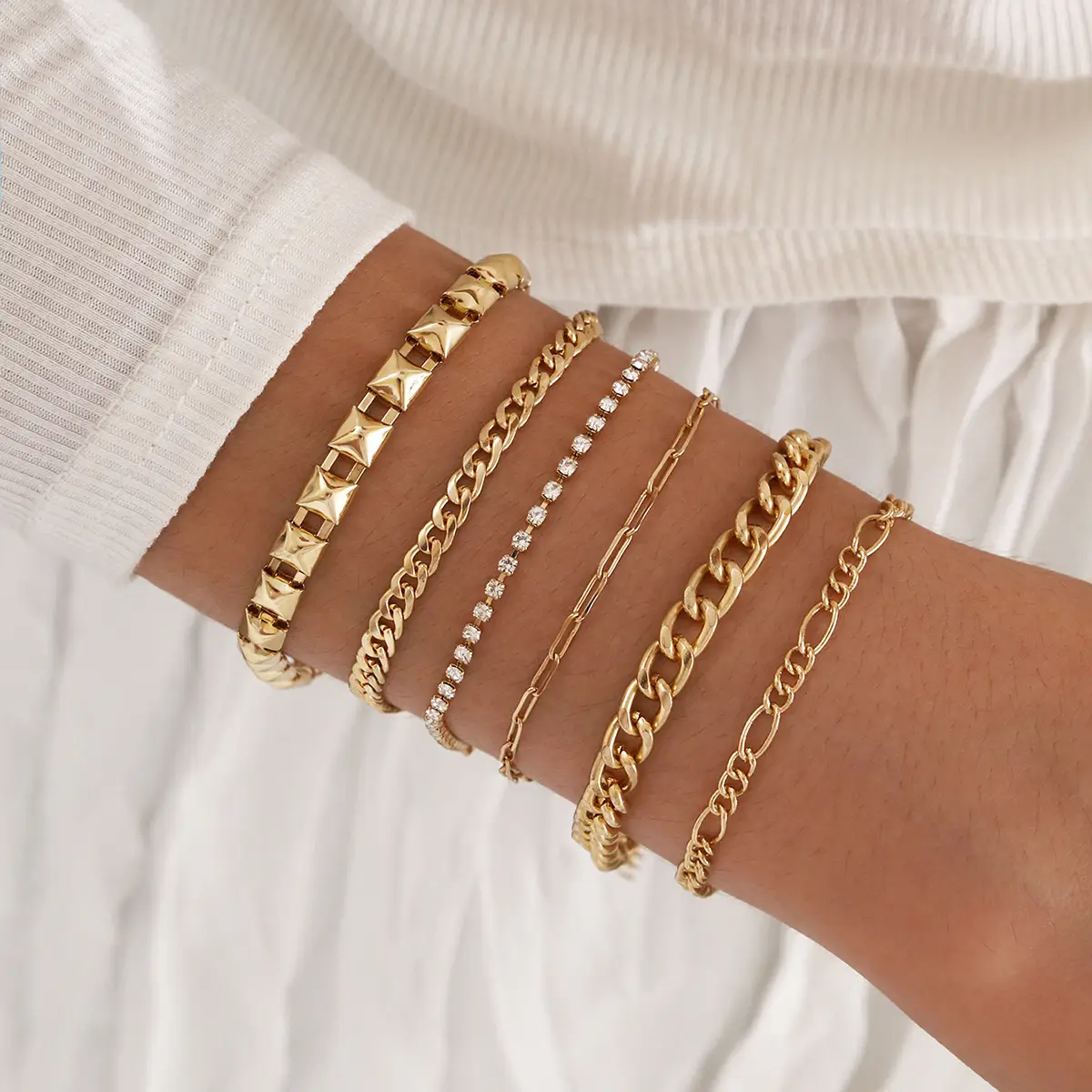 Golden Thick and Thin Chain Artificial Crystal Bracelet Set of 6