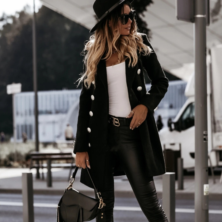 Explosive Double Breasted Woolen Coat Fashion Coat Black - Shop at LoveMi