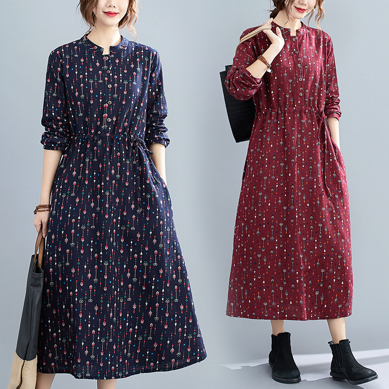 Floral Stand Collar Long-Sleeved Dress Women's Waist Mid-Length