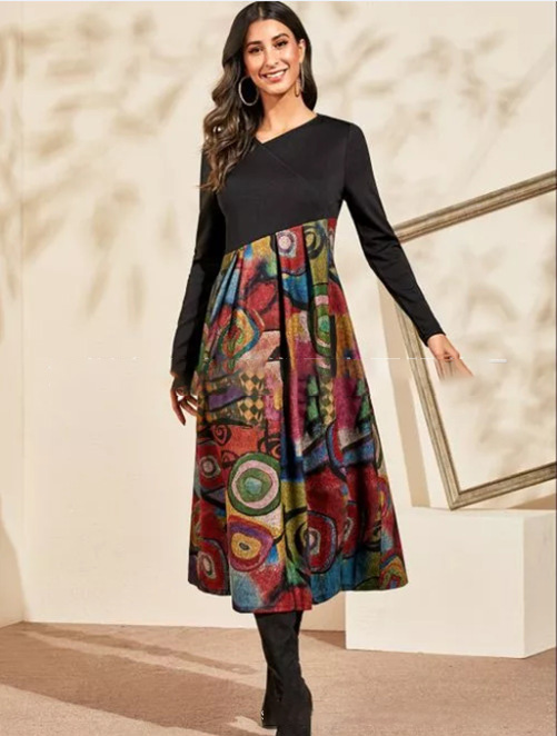 New Women's Printed Long-Sleeved Temperament Slim Long Dress For Women