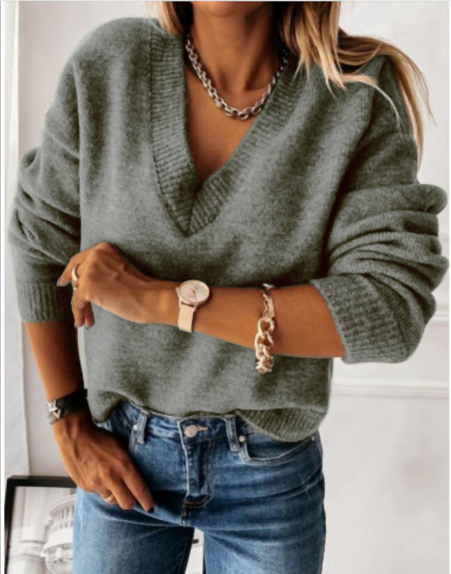 Big V-neck Sexy Solid Color Casual Women's Sweater