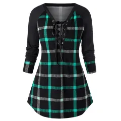 Large women's Long Sleeve Plaid Dress - Green - View 1