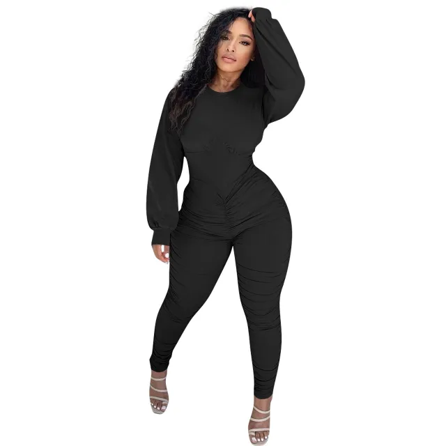 Explosive Casual Solid Color Pleated Zipper Long sleeved Jumpsuit Black - Shop at LoveMi