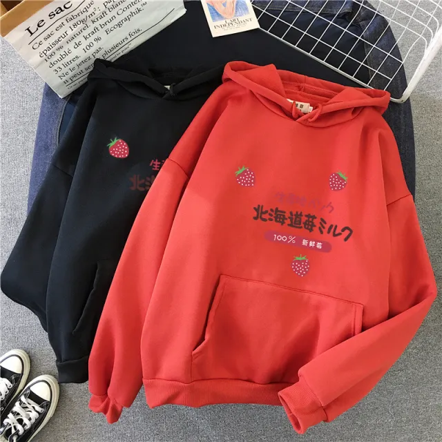 Candy Color Weatshirt Print Strawberry Figure Hooded Sweater Red - Shop at LoveMi