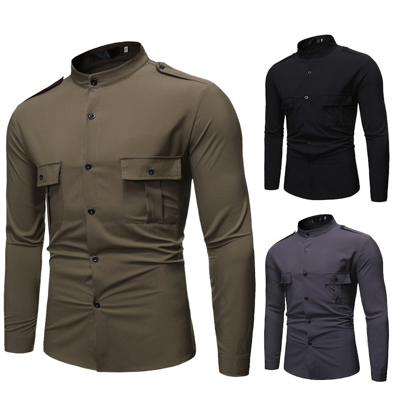 Solid-color long sleeve shirt man