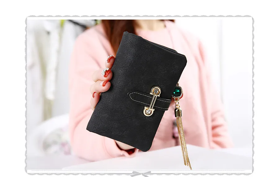 Scrub ladies multi-function coin purse tassel pendant wallet ladies wallet - Black