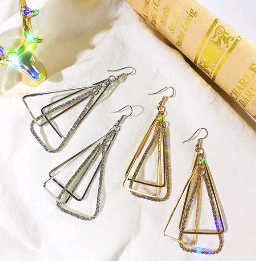 Simple geometric three-dimensional triangle hollow metal high-grade diamond earrings female