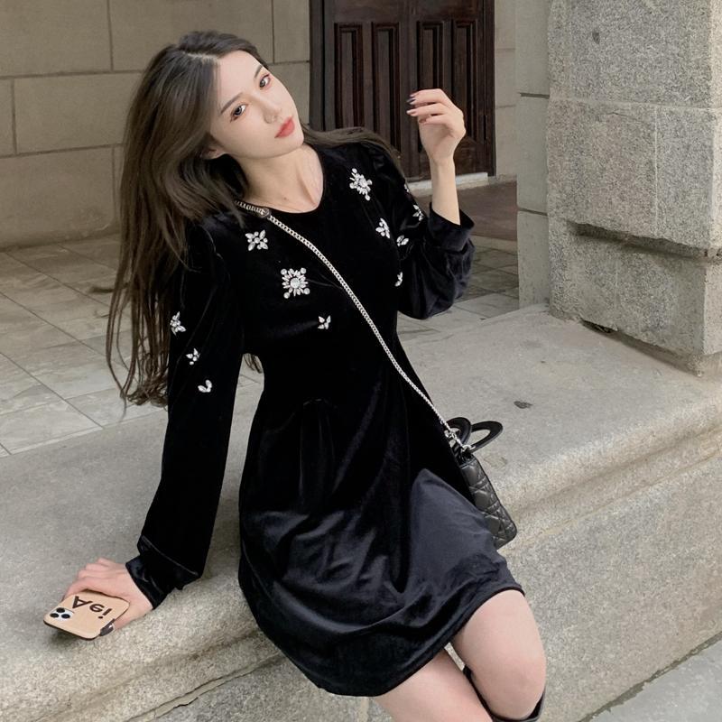 High Waist Embroidered Long Sleeve Little Black Dress