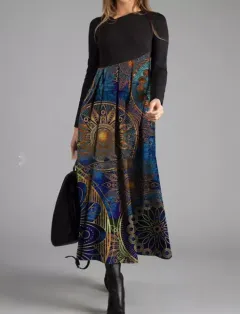New Women's Printed Long-Sleeved Temperament Slim Long Dress For Women - Colour F-Xl - View 1