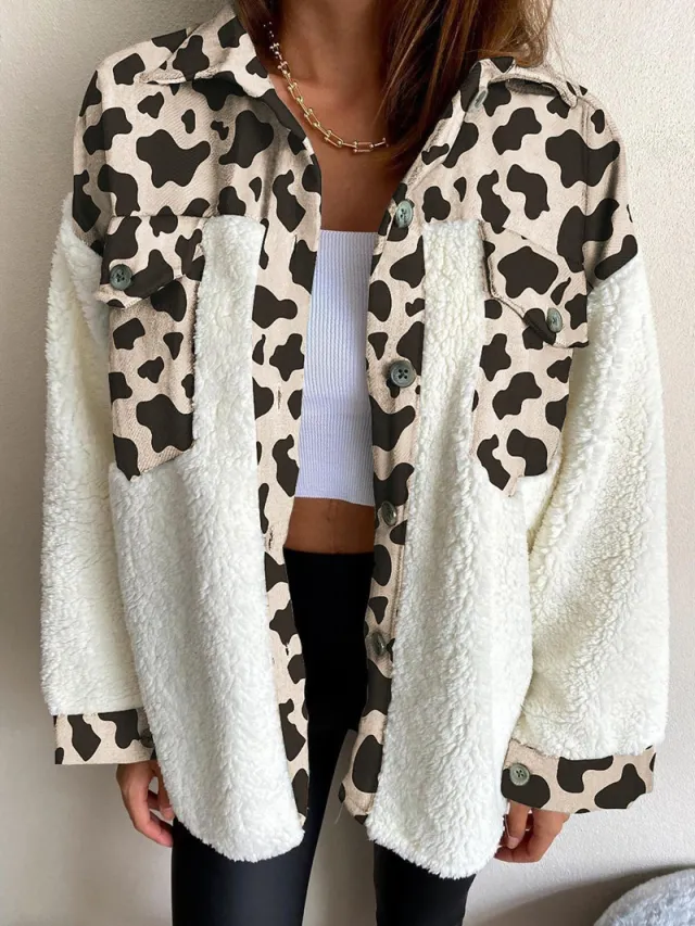Ladies Fleece Jacket Leopard Print Plush Beige - Shop at LoveMi