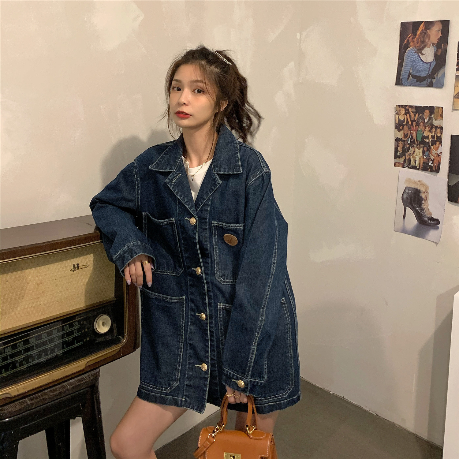 Denim Coat Women''s Spring And Autumn Korean Loose Lapel cardigan Medium Length Long Sleeve Top
