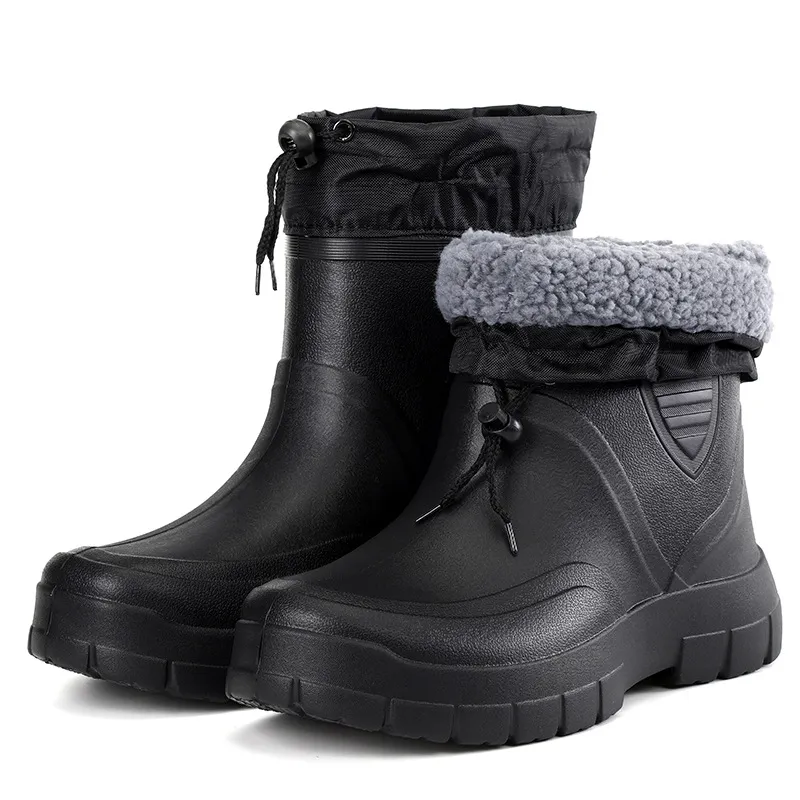Cotton Men's Low Tube Plush Rain Boots Waterproof Shoes - Black