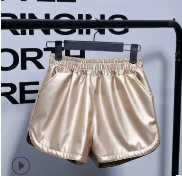 Pu leather pants thin velvet elastic high waist casual wide leg pants - Golden