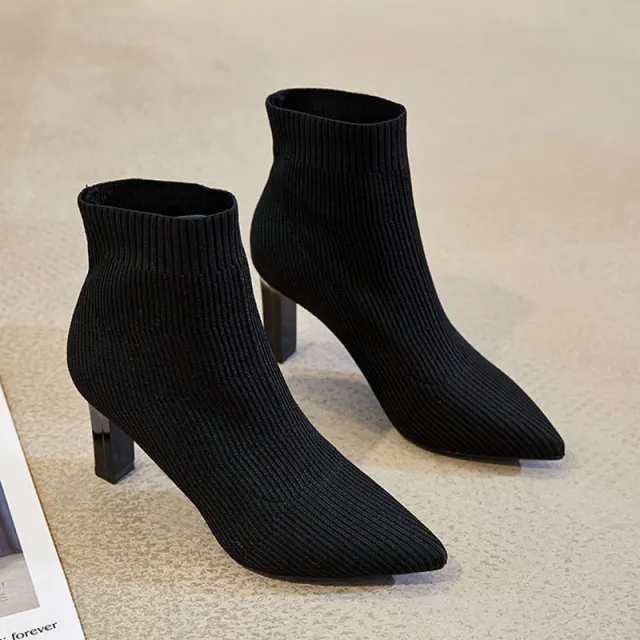 Pointed toe all match knitted high heeled ankle boots Black - Shop at LoveMi