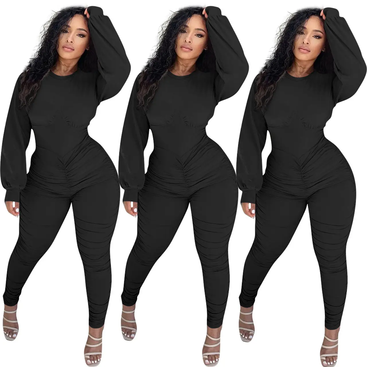 Explosive Casual Solid Color Pleated Zipper Long-sleeved Jumpsuit