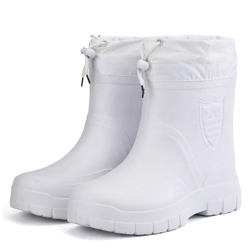 Cotton Men's Low Tube Plush Rain Boots Waterproof Shoes - White