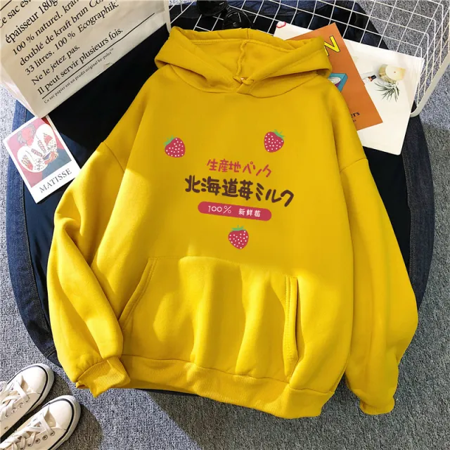 Candy Color Weatshirt Print Strawberry Figure Hooded Sweater Ginger - Shop at LoveMi
