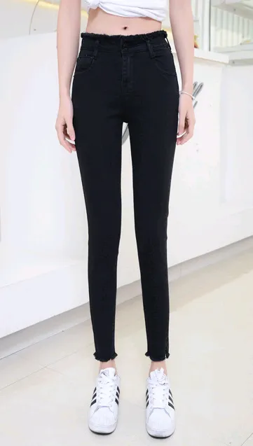 spring new high waist jeans female raw edge nine points trousers split fork pants female student pants - Black1
