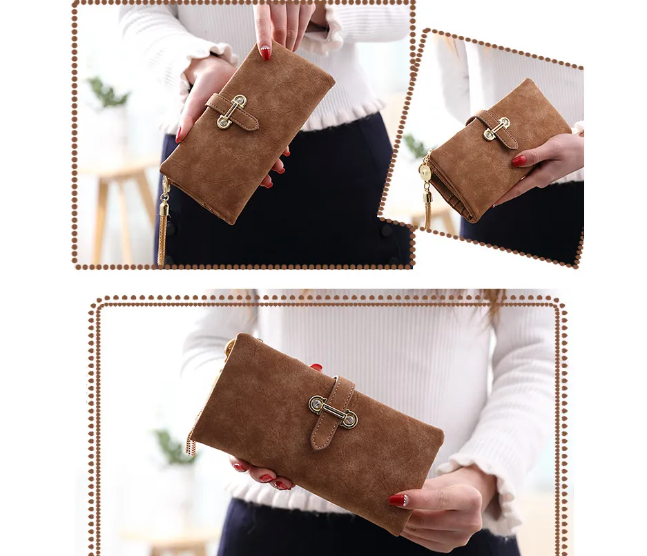 Scrub ladies multi-function coin purse tassel pendant wallet ladies wallet - Brown