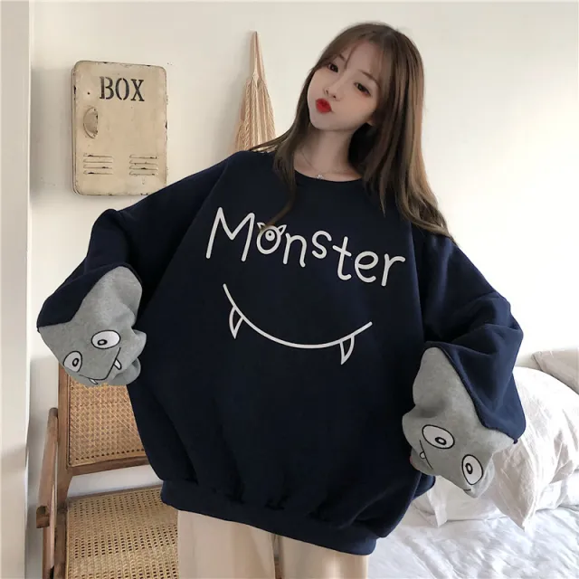 Korean Style Loose Autumn and Winter Letters Lazy Style Top Navy Blue - Shop at LoveMi