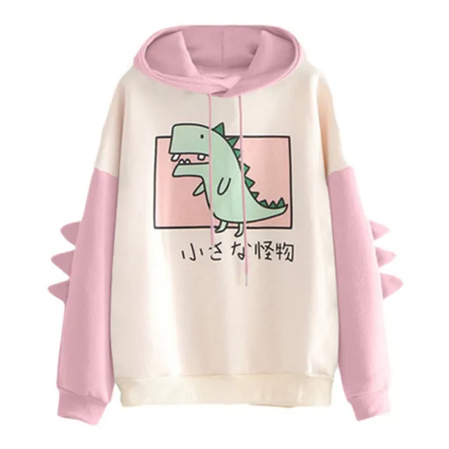 Dinosaur Print Hooded Drawstring Loose Plus Velvet Sweater Women Pink - Shop at LoveMi