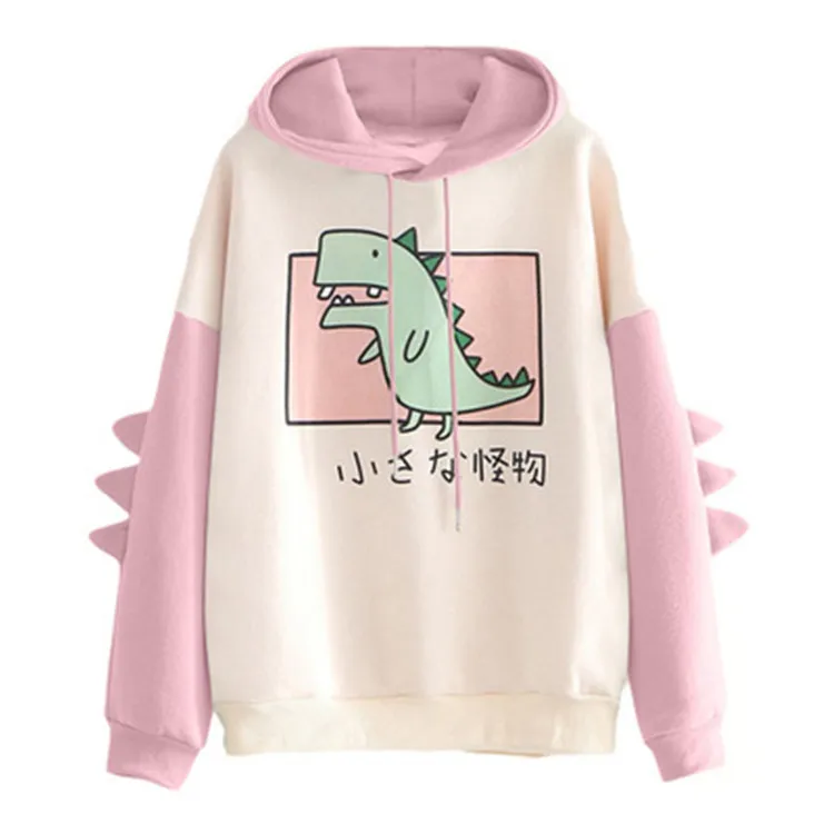 Dinosaur Print Hooded Drawstring Loose Plus Velvet Sweater Women - Pink