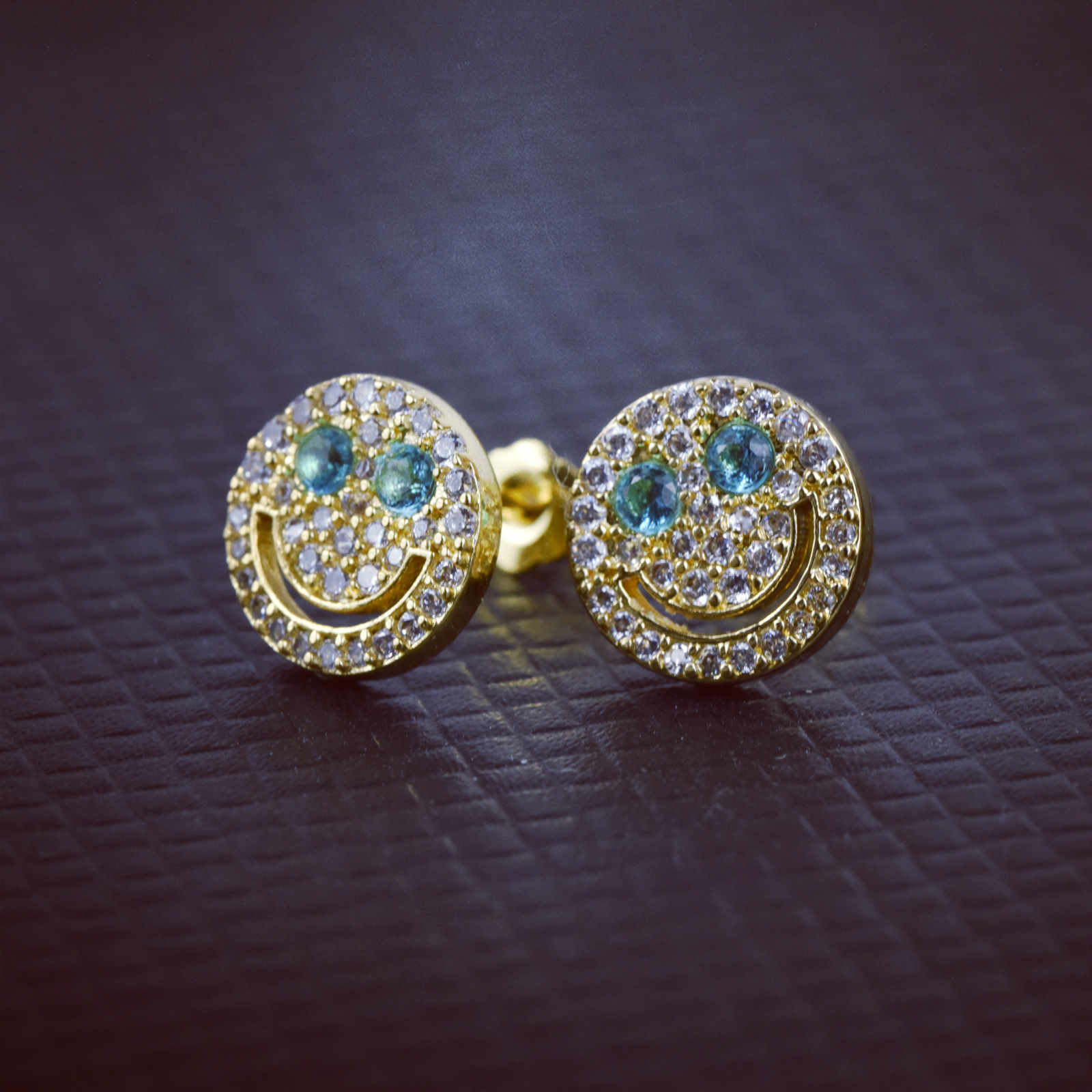 18K Real Gold Plating 925 Silver Pin Smiley Face Earrings Gold Blue - Shop at LoveMi