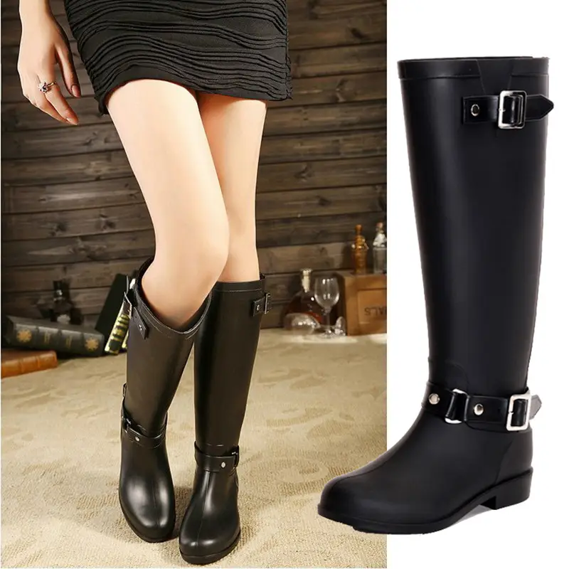Fashion High Rain Boots Buckle Red Zipper Korean Water Shoe