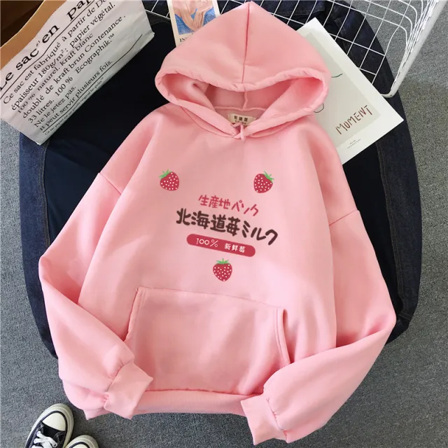 Candy Color Weatshirt Print Strawberry Figure Hooded Sweater Pink - Shop at LoveMi