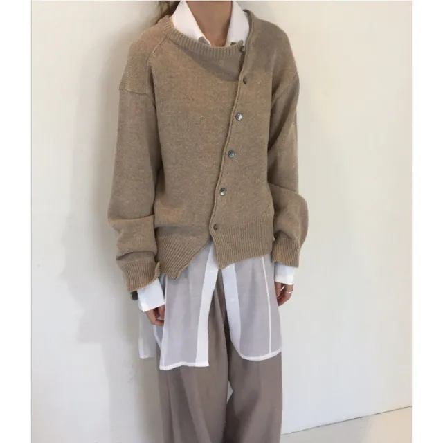 Design Lazy Style Sweater Long Sleeve Round Neck Knitted Cardigan Women Camel - Shop at LoveMi