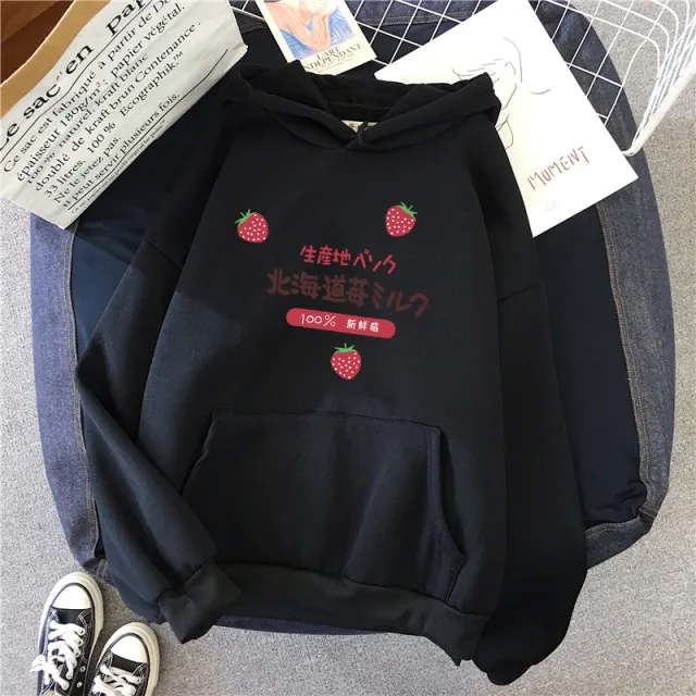 Candy Color Weatshirt Print Strawberry Figure Hooded Sweater Black - Shop at LoveMi