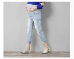 Fashion maternity pants summer tide hole jeans seven points loose thin tight stretch - Light Blue - View 1