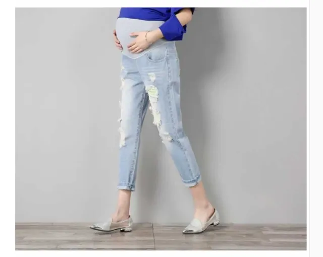 Fashion maternity pants summer tide hole jeans seven points loose thin tight stretch Light Blue - Shop at LoveMi