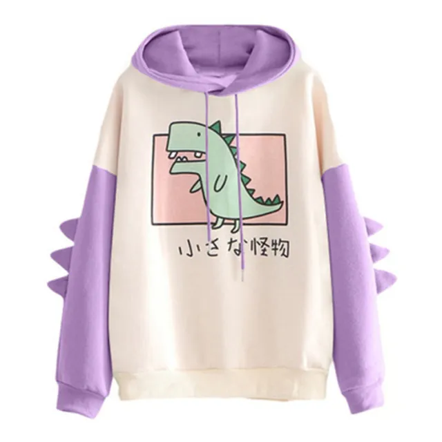 Dinosaur Print Hooded Drawstring Loose Plus Velvet Sweater Women Purple - Shop at LoveMi