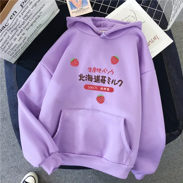 Candy Color Weatshirt Print Strawberry Figure Hooded Sweater Purple - Shop at LoveMi