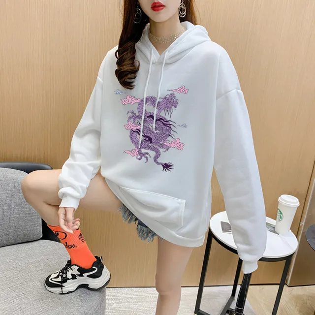 Cartoon Hooded Sweater Women Plus Velvet Dragon Print White - Shop at LoveMi