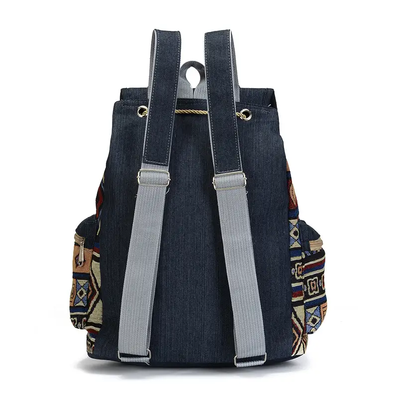 Ethnic Style Denim Large Capacity Drawstring School Bag