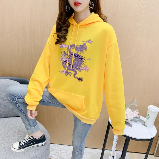 Cartoon Hooded Sweater Women Plus Velvet Dragon Print Yellow - Shop at LoveMi